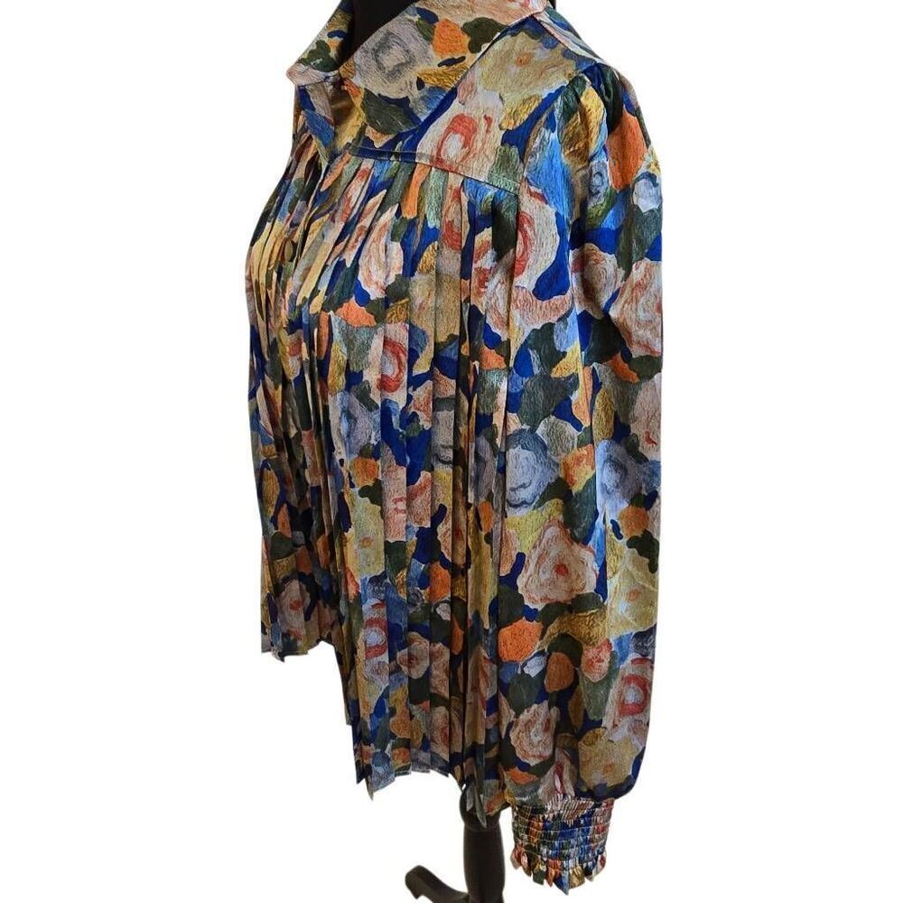 Radzoli Women's Artsy Multi-Print Pleated Button Front Blouse Blue Green Medium - Picture 6 of 12